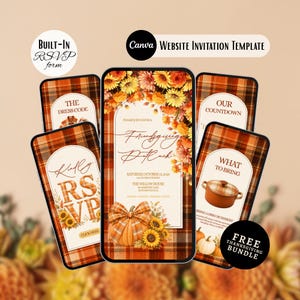 May include: A digital website invitation template for a Friendsgiving potluck featuring a plaid background, autumn flowers, and a pumpkin. The screens display text including The Dress Code, RSVP, Our Countdown, and What to Bring with a pot icon.