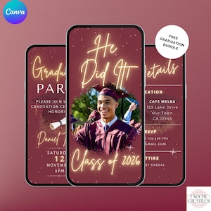 Boys Graduation Party Invite. Digital Class of 2026 Maroon Grad Invite Invitation. Mens College, High School Graduate DIY Editable eVite.