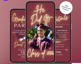 Boys Graduation Party Invite. Digital Class of 2026 Maroon Grad Invite Invitation. Mens College, High School Graduate DIY Editable eVite.