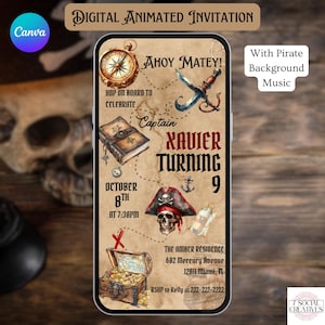 May include: Digital animated invitation with a pirate theme. The design includes a compass, a sword, a treasure chest, and a skull wearing a pirate hat. The invitation reads "Ahoy Matey!" and announces a birthday party for Xavier turning 9.