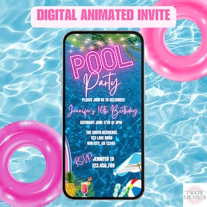 Pool Party Birthday Invitation Video. Neon Pink Teen or Kids Girls ...