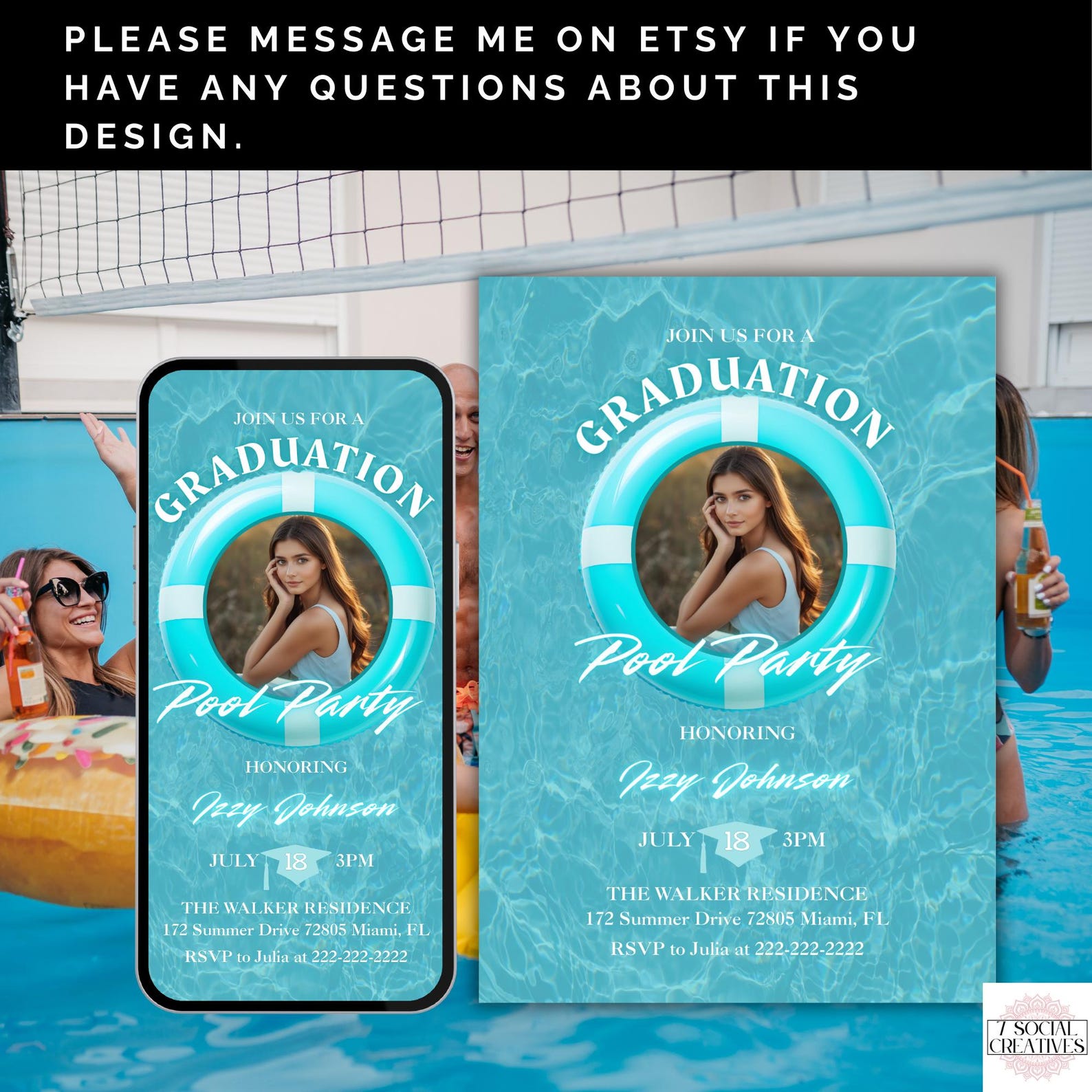 Blue Graduation Pool Party Invitation With Photo. Boys or Girls Digital ...