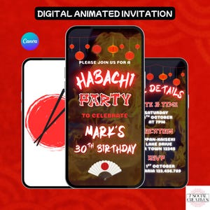 Hibachi Party Invitation. Digital Japanese Birthday Dinner Invite. Animated Flames Any Age Mens or Women's eVite. DIY Editable Template.
