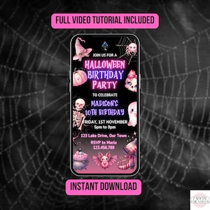 The image is a Halloween birthday party invitation featuring various spooky and festive elements such as skulls, bats, and pumpkins. The invitation includes a full video tutorial and invites guests to join the celebration for Madison's 10th birthday on Friday, November 15th, from 5pm to 9pm. The invitation also provides the address, RSVP information, and a link for instant download.