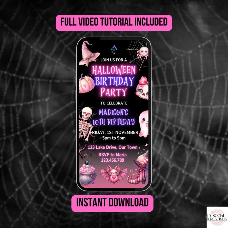 The image is a Halloween birthday party invitation featuring various spooky and festive elements such as skulls, bats, and pumpkins. The invitation includes a full video tutorial and invites guests to join the celebration for Madison's 10th birthday on Friday, November 15th, from 5pm to 9pm. The invitation also provides the address, RSVP information, and a link for instant download.