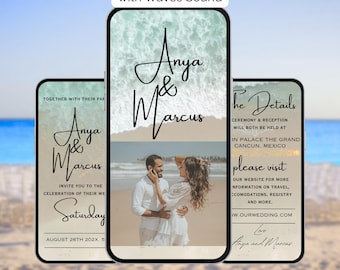 Beach Wedding Invitation with Photo and Waves Sound. Digital Animated Destination Wedding Invite. Tropical eVite. DIY Editable Template.
