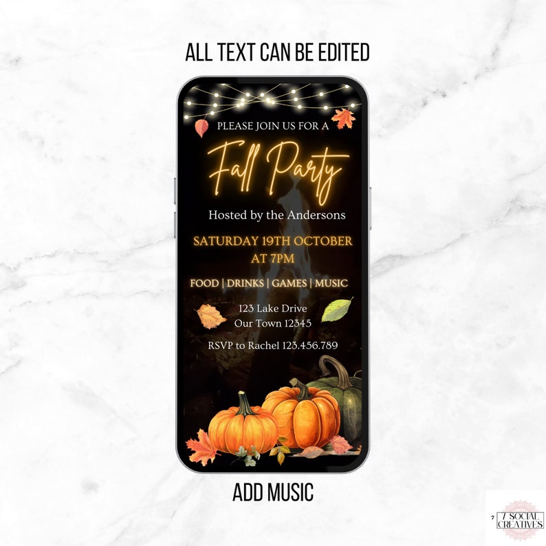 Fall Party Invite. Digital Animated Harvest Pumpkin Invitation. Bonfire or BBQ Fall Celebration eVite. DIY Editable Canva Template. image 4