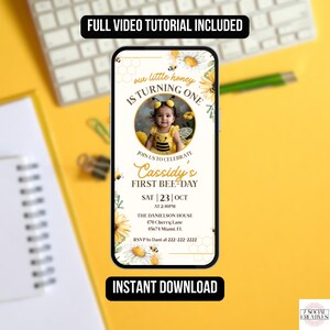 The image is a birthday invitation for a baby girl named Cassidy, celebrating her first bee-day. The invitation includes a full video tutorial and is available for instant download.
