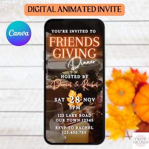 Friendsgiving Dinner Invitation. Digital Animated Fall Party Invite. Elegant Friends Giving Dinner Party eVite. DIY Editabel Template.