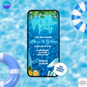 Video de invitación de cumpleaños para fiesta en la piscina azul. Invitación tropical de verano con temática de playa neón para adolescentes, niños y adultos. Plantilla editable en Canva.