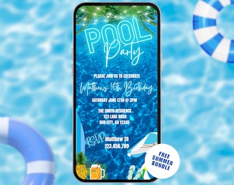 Blue Pool Party Birthday Invitation Video. Neon Beach Theme Tropical Summer Invite For Teens, Kids, Adults. DIY Canva Editable Template.