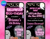 Girl's Halloween Birthday Invitation. Digital Animated Pink Theme Party Invite. Kids Costume Party eVite. DIY Editable Canva Template.