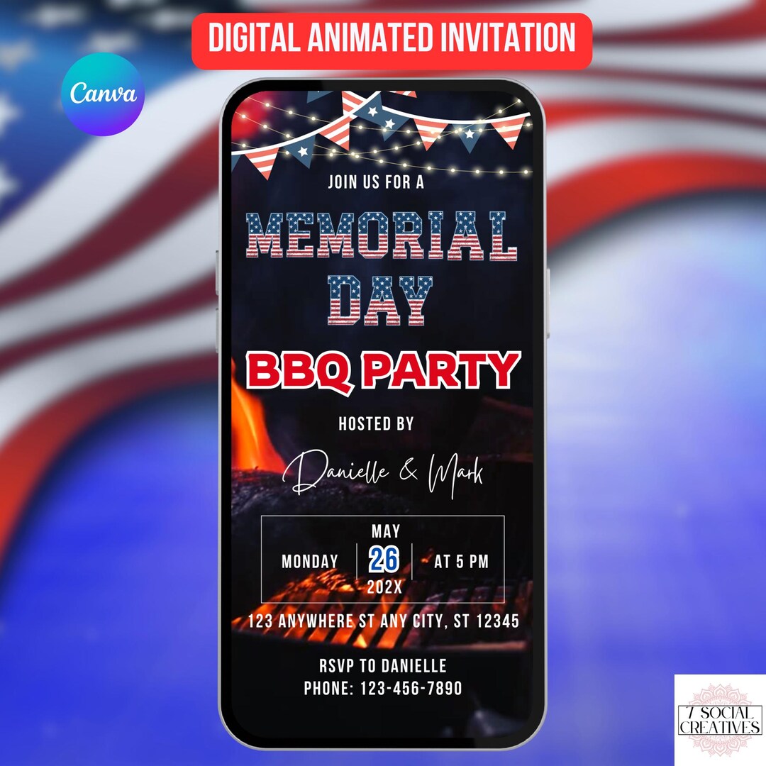 Memorial Day BBQ Invite. Digital Animated Backyard Red White and Blue ...