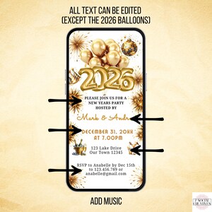 New Year's Party 2026 Invitation. Digital Animated White and Gold New Years Eve Invite. Friends and Family Cocktail Party eVite Template. image 2