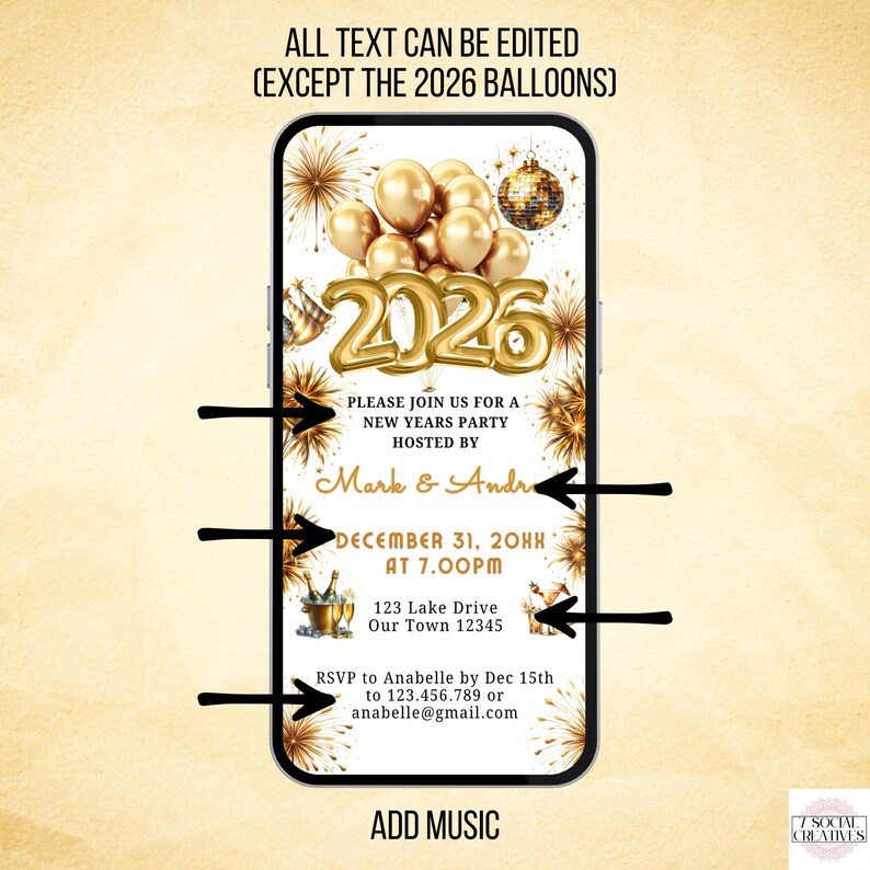 New Year's Party 2026 Invitation. Digital Animated White and Gold New Years Eve Invite. Friends and Family Cocktail Party eVite Template. image 2