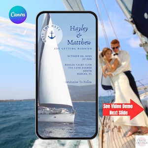Yacht Wedding Save The Date Invitation.  Digital Boat or Yacht Club Theme Wedding Invite. Animated Video Blue eVite. DIY Editable Template.