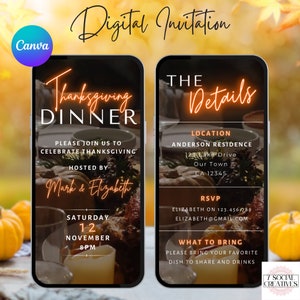 Thanksgiving-Dinner Einladung. Digital animierte bearbeitbare moderne Familie Dinner Party Herbst einladen. Zum Umhängen. DIY-Vorlage.