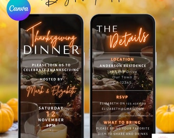 Puede incluir: Invitación digital para una cena de Acción de Gracias organizada por Mark & Elizabeth. La invitación incluye la fecha, la hora, la ubicación, la información de RSVP y una solicitud para traer un plato para compartir. La imagen de fondo presenta una mesa de cena de Acción de Gracias con un pavo, guarniciones y velas.