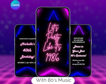 80s Party Like It's 1986 Invitation.  Digital Animated Womens Retro Disco 1980s Themed Neon Video Invite with Music. Instant Download.