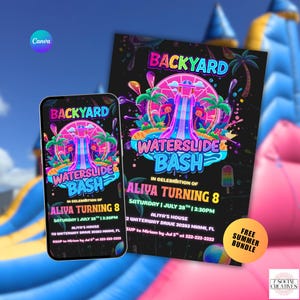 Könnte beinhalten: Eine lebendige Einladung und Telefondarstellung für eine "Backyard Waterslide Bash" Geburtstagsfeier. Das Design zeigt eine farbenfrohe Wasserrutsche, Palmen und den Text "Aliya Turning 8". Enthält Eventdetails und ein "Free Summer Bundle" Angebot.