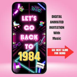 80s Party Invitation.  Digital Back To The 1980s Animated Invite with Music.  Neon Eighties 1984 Retro eVite.  DIY Editable Template.