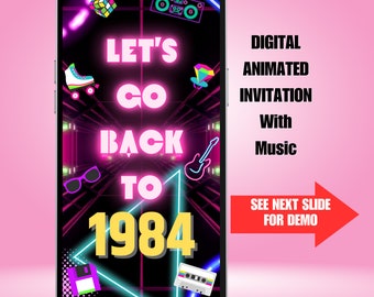 Invito a una festa anni '80. Invito digitale animato con musica per il ritorno agli anni '80. Neon anni Ottanta 1984 Retro eVite. Modello modificabile fai da te.