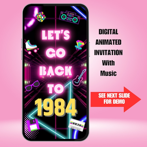 80er Jahre Party Einladung. Digital Back To The 1980s animierte Einladung mit Musik. Neon Achtziger 1984 Retro eVite. DIY bearbeitbare Vorlage.