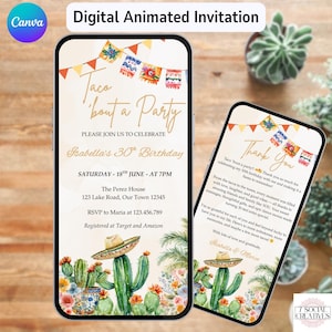 Taco Bout a Party Invitation with Thank you. Digital Animated Any Age Fiesta Birthday Invite. Mexican Fiesta eVite. DIY Editable Template.