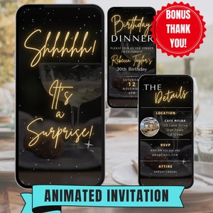 Surprise Birthday Dinner Invitation. Digital Party Invite Video For Her or Him.  Easy Editable Canva Template. Send By Phone.