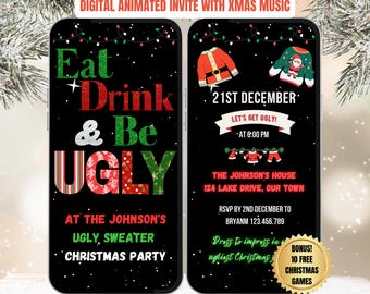 Ugly Sweater Party Invitation.  Digital Christmas Party Invite With Xmas Music.  Colorful and Fun For A Adult or Family Event.  Easy To Edit