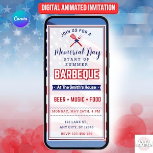 Memorial Day BBQ Invite. Digital Animated Summer Kick Off Cookout Party Invitation. Red White and Blue Friends Family eVite. DIY Template.