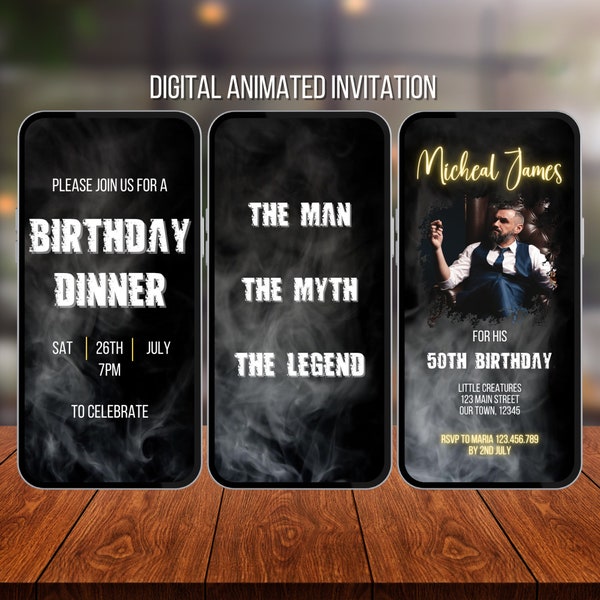 Mens Birthday Dinner Invitation Template.  Digital Party Invite For Him With Photo.  The Man, Myth Legend Theme. DIY Editable eVite.