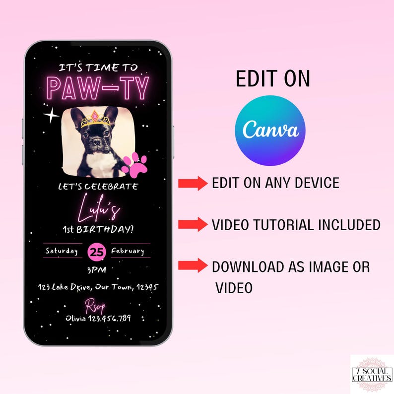 Dog Birthday Invite. Digital Animated Dog Party Black and Pink Invitation. Fun Puppy Friends eVite. DIY Editable Template. image 2