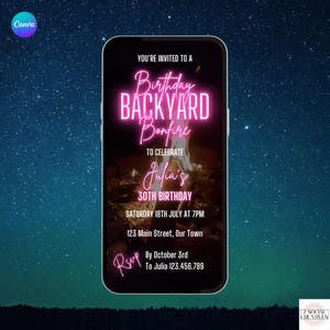 Birthday Backyard Bonfire Invitation. Digital Neon Pink Party Invite. Animated S'mores Bonfire eVite for girls, women. Editable Template.