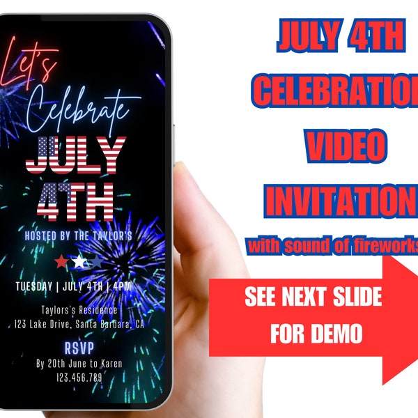 July 4th Celebration Invitation Video Template With Fireworks. Celebrate Independence Day With Invite.  Easy To Edit All Text, Can Add Music