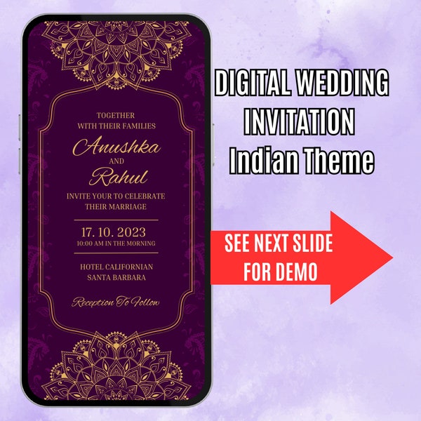 Faire-part de mariage numérique pourpre, thème Inde. Carte d'invitation électronique élégante avec mandala et polices d'or. Facile à modifier dans Canvas et à envoyer.