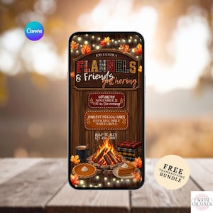 May include: A digital invitation displayed on a smartphone screen featuring a rustic wood background, autumn leaves, and string lights. The text reads: Join us for a Flannels & Friends gathering, Saturday November 21, 7:30 in the evening, Harvest Hollow Barn.