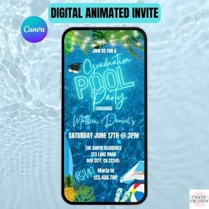 Invito per festa in piscina per laurea. Invito digitale blu per la celebrazione della classe del 2025. Invito elettronico per festa di laurea universitaria o superiore. Modello modificabile.
