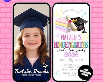 Invito per la festa di laurea della scuola materna con foto. Invito digitale per la festa di laurea della classe prescolare maschile o femminile. Download immediato.