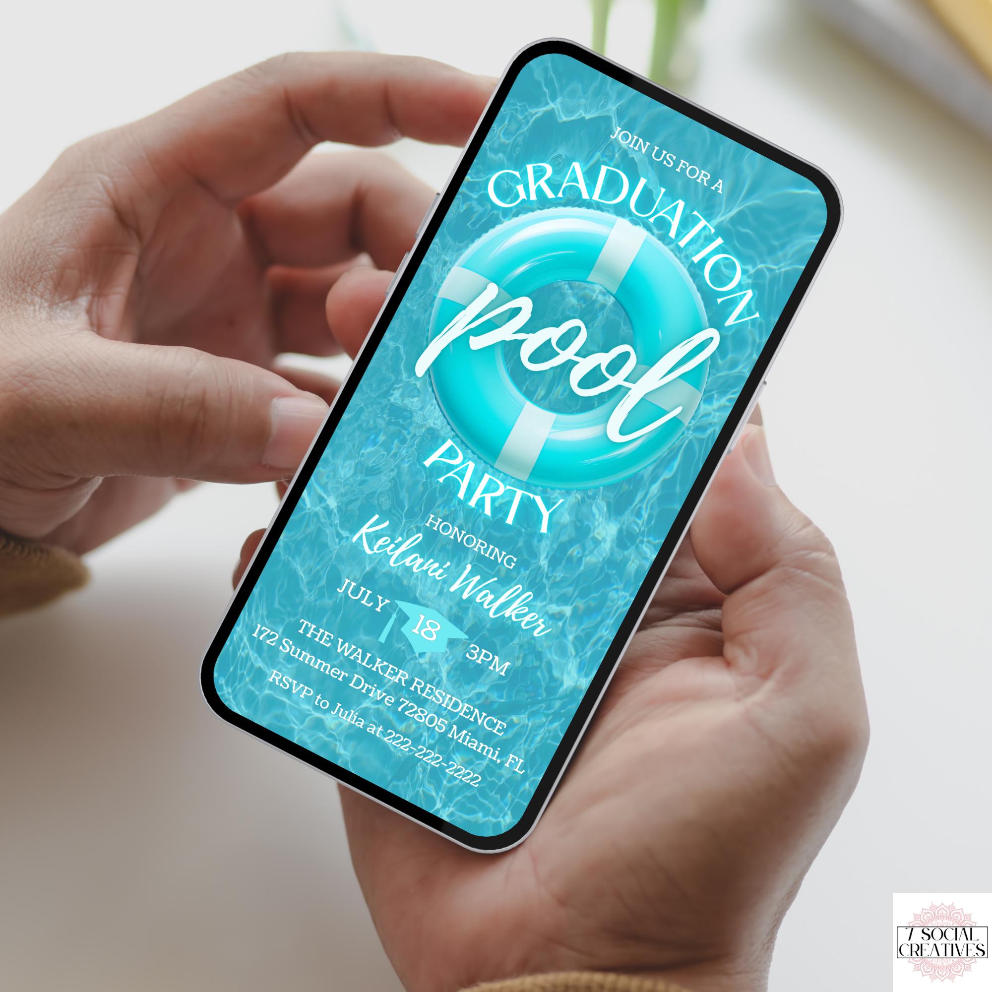 Blue Graduation Pool Party Invitation. Boys or Girls Digital and ...