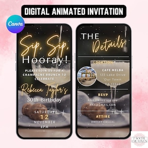 May include: A digital invitation for a 30th birthday party with a champagne theme. The invitation features a glass of champagne with a gold rim and a cork floating in the glass. The text "Sip. Sip. Hooray!" is written in gold letters on a black background with white stars. The invitation also includes the date and time of the party, the location, and the RSVP information. The text "Rebecca Taylor's 30th Birthday" is written in gold letters on a black background with white stars.