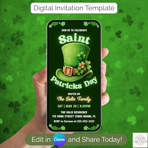May include: A digital invitation template for Saint Patrick's Day. The invitation features a green leprechaun hat with shamrocks, and the text "Saint Patrick's Day." The invitation includes the date, time, location, and RSVP information. The invitation is held in a hand.