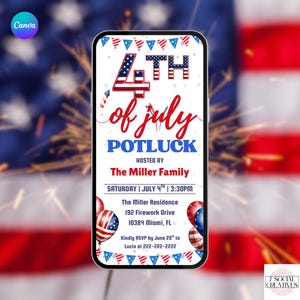 Inbjudan till knytkalas den 4 juli. Digital inbjudan till självständighetsdagen. E-vite för familjefest med vänner i trädgården. Redigerbar mall för hemmafix.