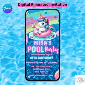 Op de afbeelding: Een digitale geanimeerde uitnodiging voor een zwembadfeest, met een cartoon eenhoorn die op een roze opblaasbare ring drijft. De uitnodiging bevat de tekst "ELISA'S POOL PARTY" en details voor een 10e verjaardagsviering.