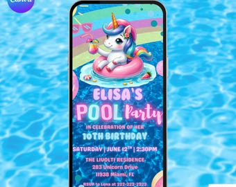 May include: A digital animated invitation for a pool party, featuring a cartoon unicorn floating on a pink inflatable ring. The invitation includes the text "ELISA'S POOL PARTY" and details for a 10th birthday celebration, including the date, time, and location.
