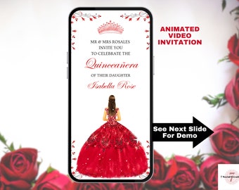 Scarlet Red Quinceañera Invitation. Elegant Digital Video Mis Quince 15 Anos Animated Invite. Editable Template. Instant Download. Add Music