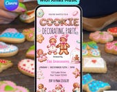 Christmas Cookie Decorating Party Invitation. Digital Animated Pink Xmas Baking Invite. Kids, Girls eVite. DIY Editable Template.