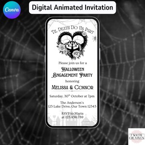 Halloween Engagement Party Invitation.  Digital Wedding Proposal Invite. Modern Scary Skeleton Couples Party eVite.  DIY Editable Template.