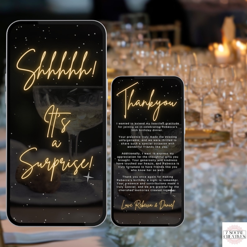 May include: A black and gold thank you card with a message expressing gratitude for attending a birthday dinner. The card features a gold star and the text "Shhhh! It's a Surprise!" and "Thank you".