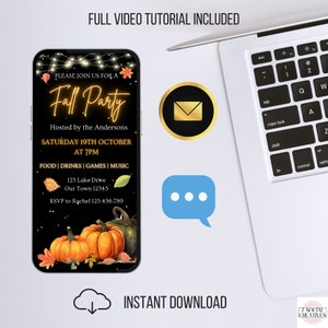 May include: A digital invitation for a fall party with a black background, gold text, and a picture of pumpkins. The text reads "Please join us for a Fall Party", "Hosted by the Andersons", "Saturday 19th October", "At 7pm", "Food | Drinks | Games | Music", "123 Lake Drive", "Our Town 12345", "RSVP to Rachel 123.456.789".